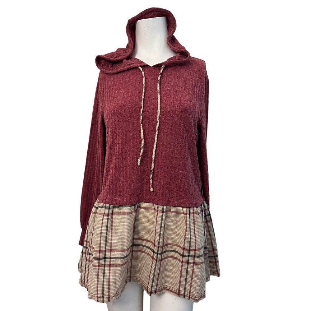 Doe & Rae Small Hoodie Short Dress Tunic Long Sleeve Sweater Plaid Pullover NWT